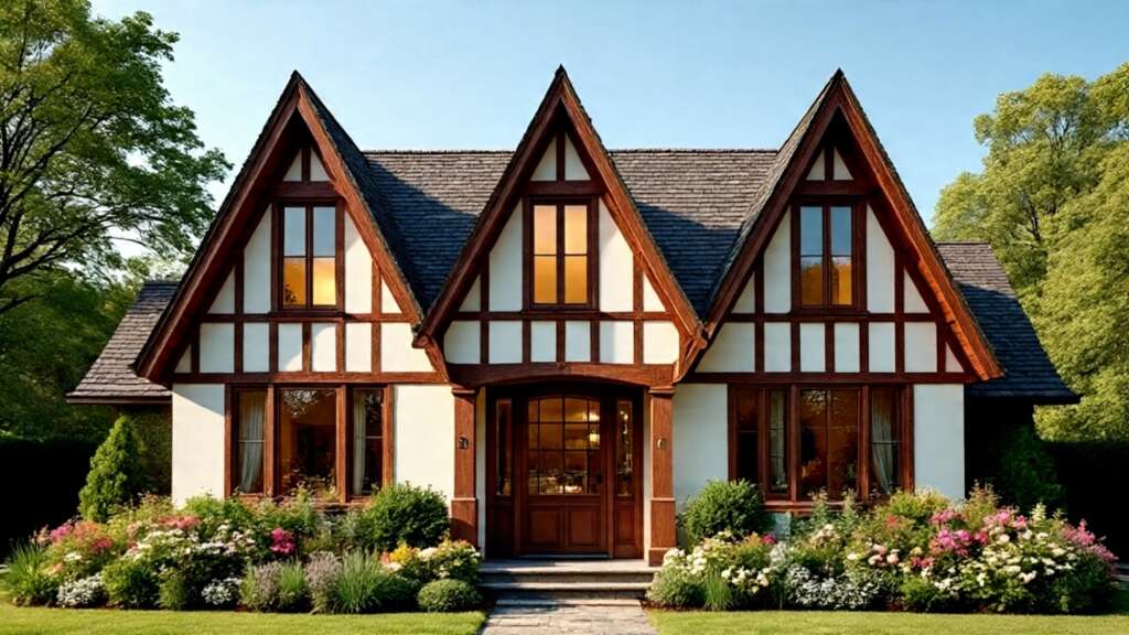 Small modern Tudor style house with arched doorway and cottage garden