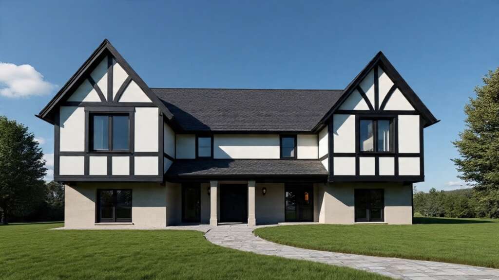 Luxury Tudor style house exterior with stone facade, steep gables and landscaped gardens