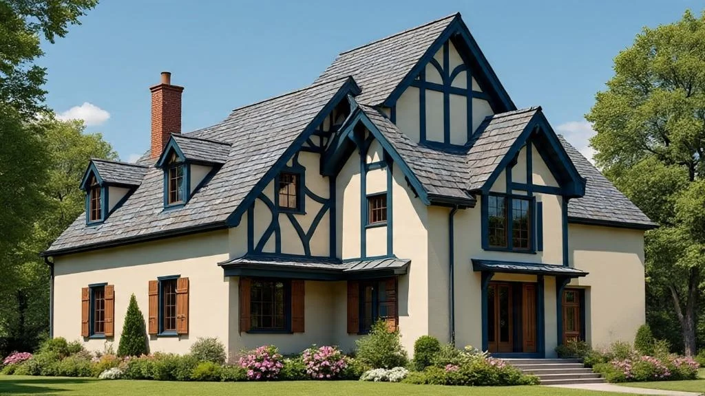 Tudor style house color palettes for 2025 including black and white, beige with wood accents, and stone with sage green doors