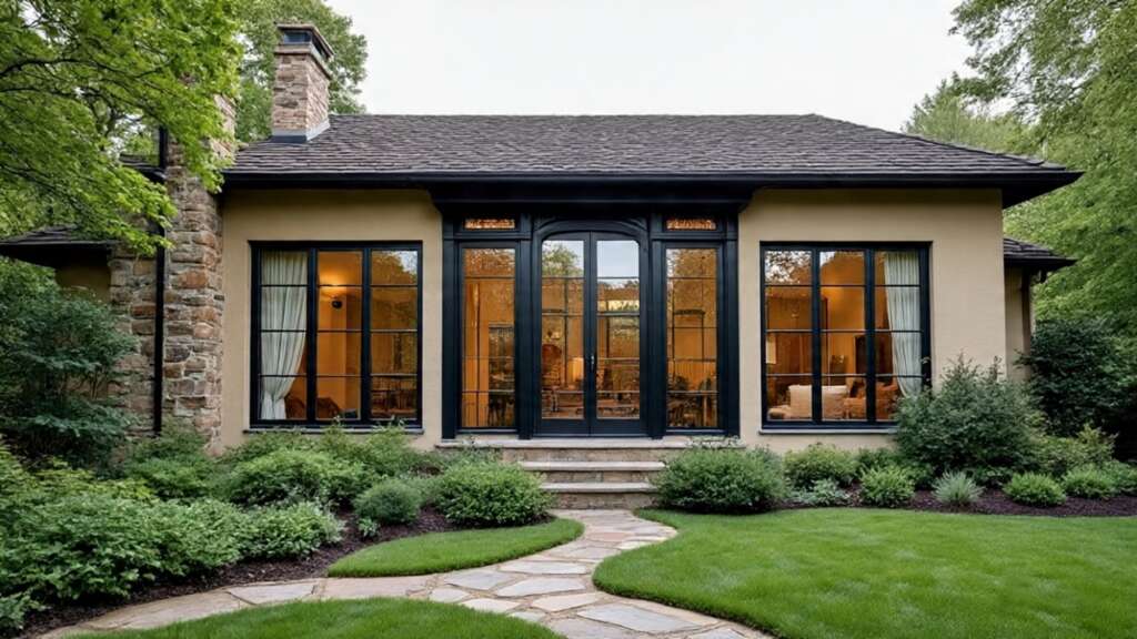 Tudor style house front garden with cottage planting, stone path and lantern lighting