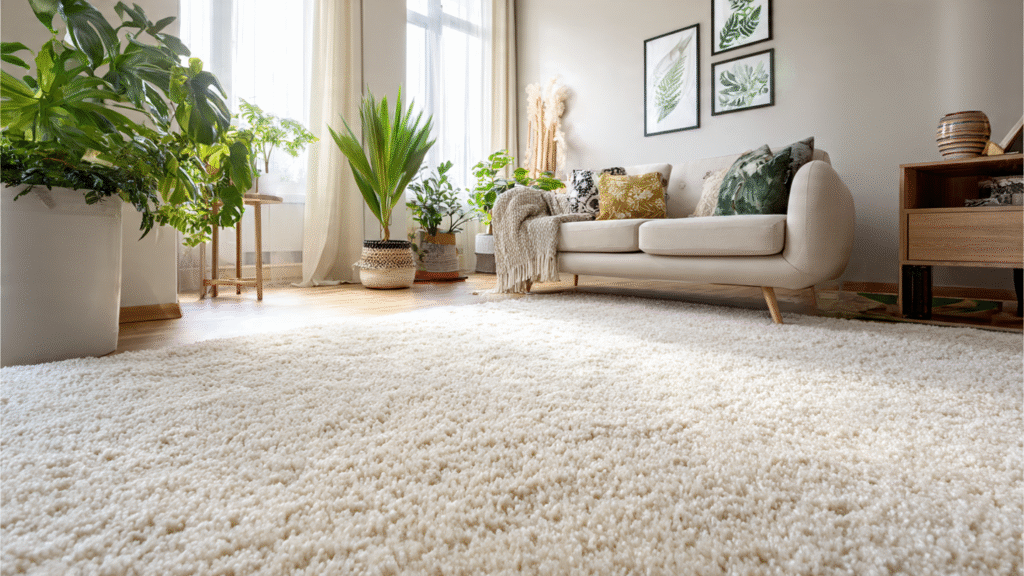 Bright living room with a freshly cleaned beige carpet.