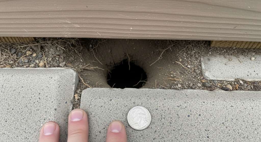 L-shaped hardware cloth barrier installation to prevent chipmunks burrowing under deck foundation