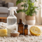 DIY carpet cleaner ingredients including vinegar, baking soda, and dish soap on a white surface