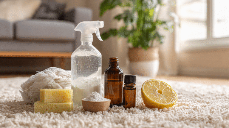 DIY carpet cleaner ingredients including vinegar, baking soda, and dish soap on a white surface
