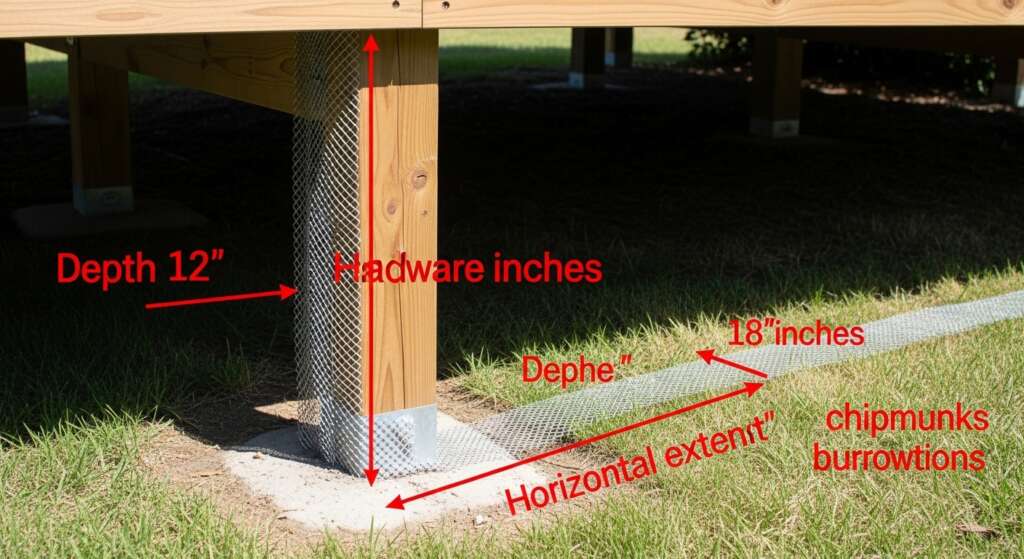 L-shaped hardware cloth barrier installation to prevent chipmunks burrowing under deck foundation