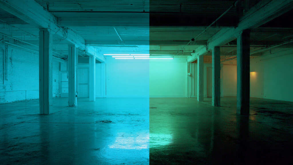 A side-by-side split image. Left half shows a wall under normal daylight — both a phosphorescent-painted section and a fluorescent-painted section look similar. Right half shows the same wall in darkness — only the phosphorescent section glows; the fluorescent section is dark.