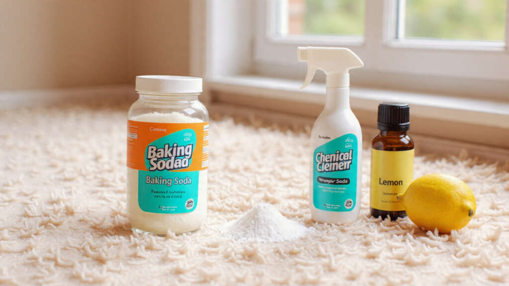 Baking soda sprinkled on carpet with essential oil and lemon for deodorizing.