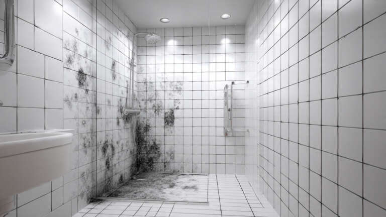 Black mold growing in shower grout lines and corner caulk around white bathroom tiles
