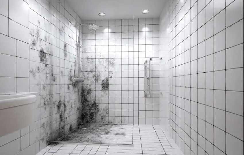 Black mold growing in shower corner on white tiles in modern bathroom