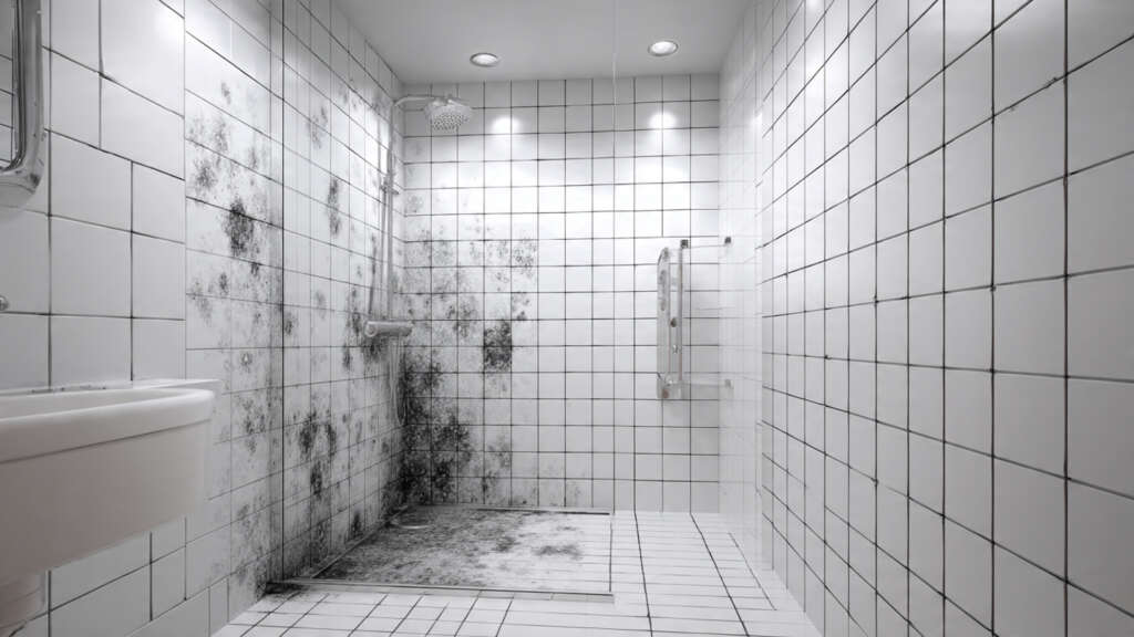 Black mold growing in shower grout lines and corner caulk around white bathroom tiles