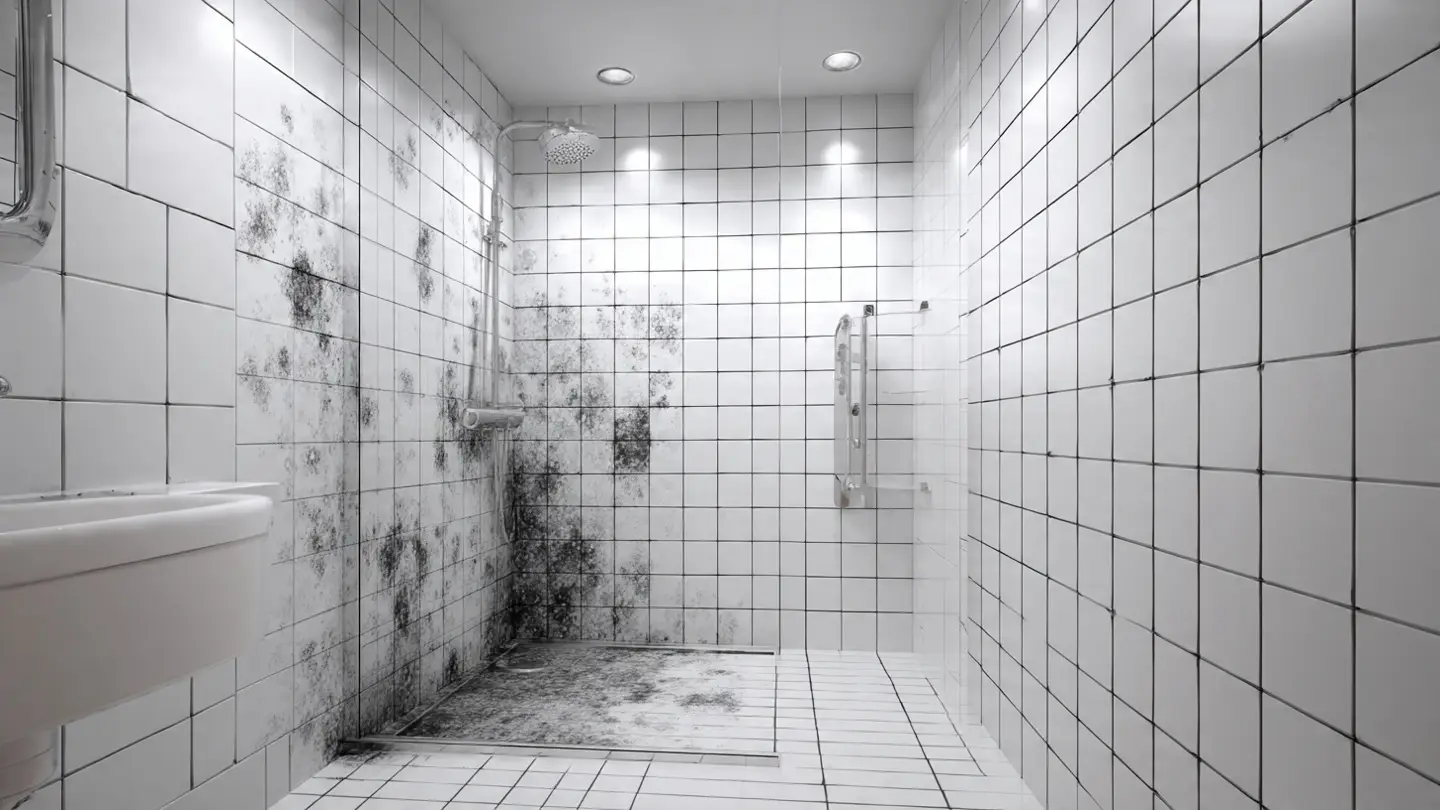 Black mold growing in shower corner on white tiles in modern bathroom