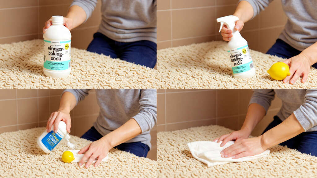 Step-by-step carpet cleaning using a homemade vinegar and baking soda cleaner.