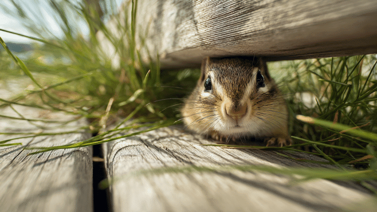 Chipmunk emerging from burrow hole underneath a wooden deck — signs of chipmunk infestation around home structures