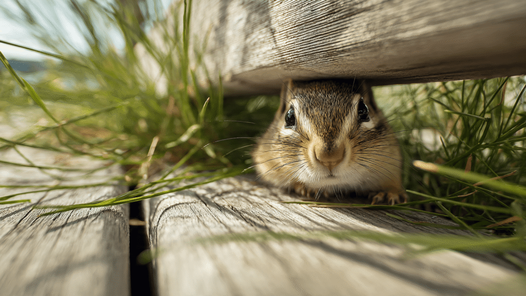 Chipmunk emerging from burrow hole underneath a wooden deck — signs of chipmunk infestation around home structures