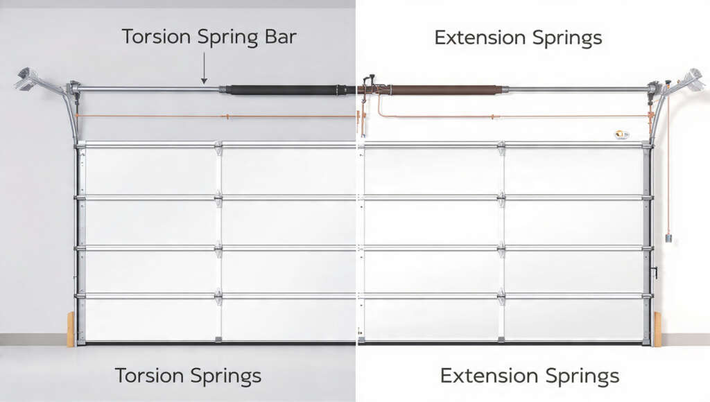 Comparison of torsion spring mounted above garage door versus extension springs along side tracks