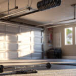 Garage door torsion spring assembly mounted above a closed residential garage door