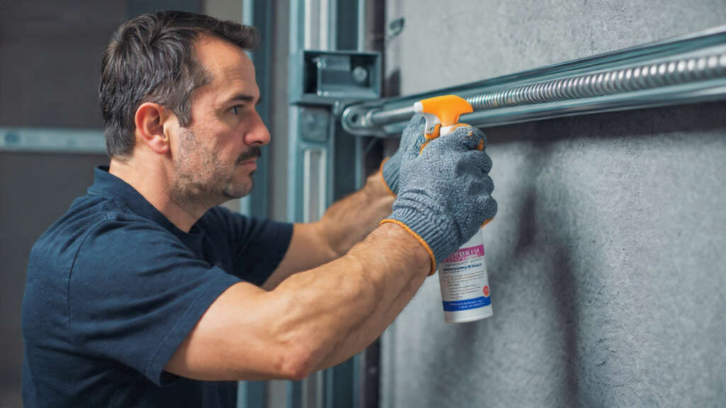 Homeowner lubricating garage door spring with a spray bottle.