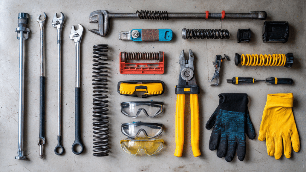 Tools required for garage door spring replacement arranged on floor.
