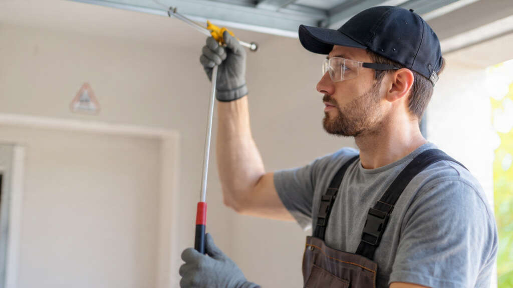 Technician wearing safety gear before starting garage door spring replacement.
