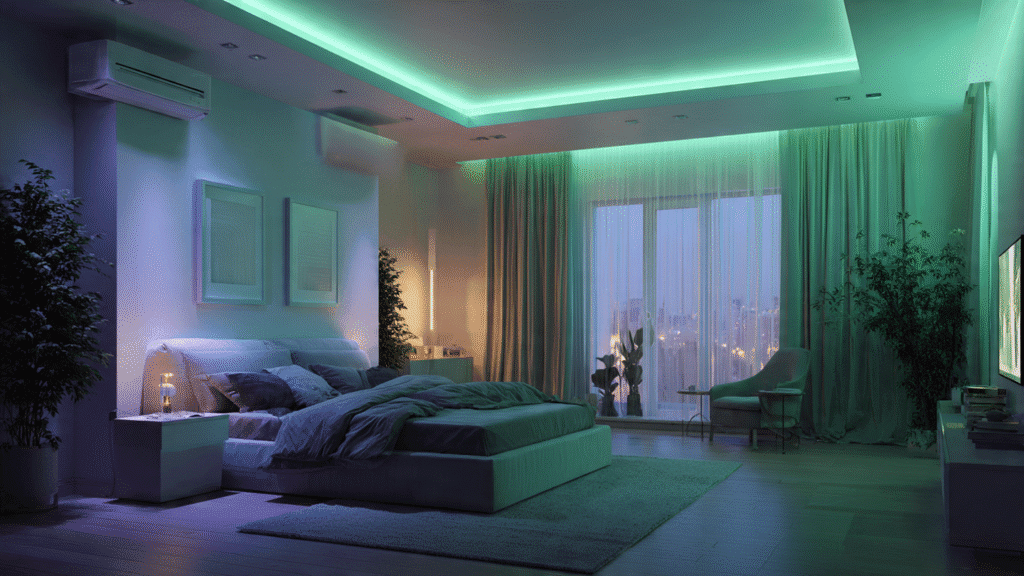Kids bedroom ceiling with glow in the dark galaxy mural painted with phosphorescent paint