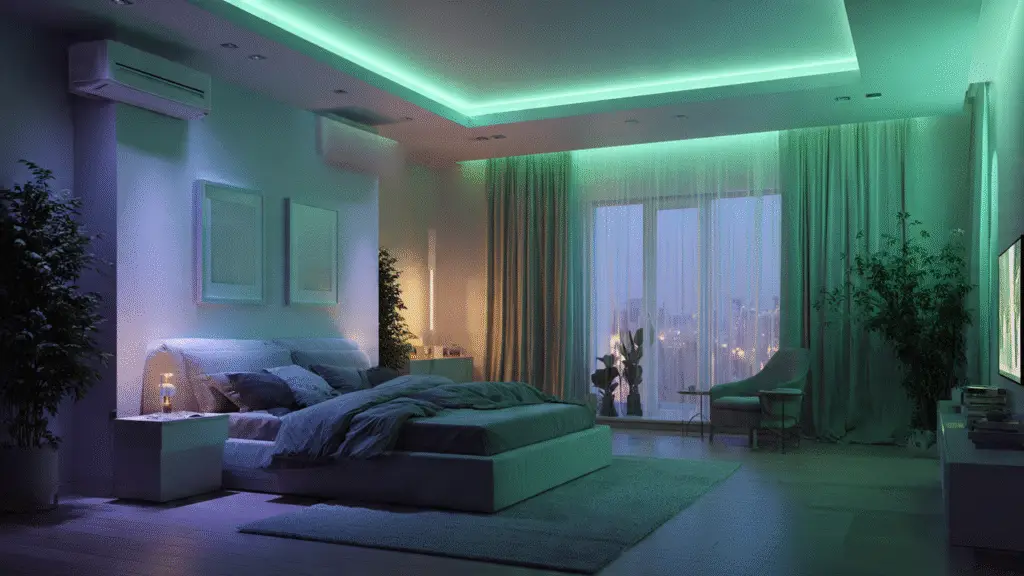 Bedroom interior glowing softly with luminous wall paint