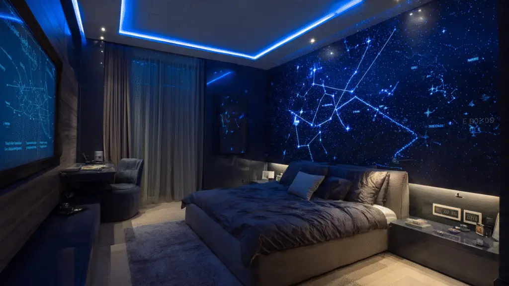 Glowing constellation accent wall in bedroom