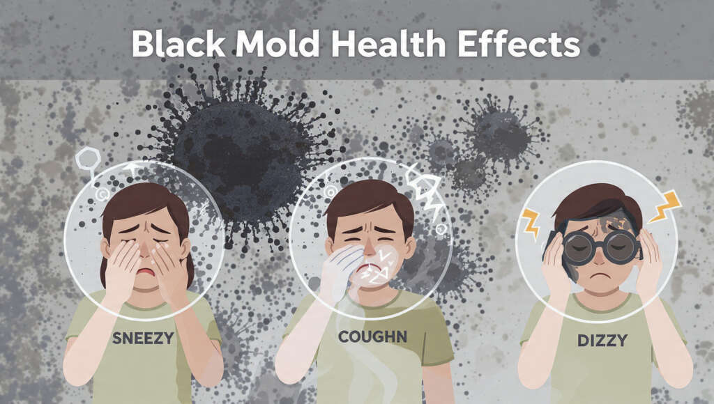 Illustration of allergic reactions and health symptoms caused by black mold exposure