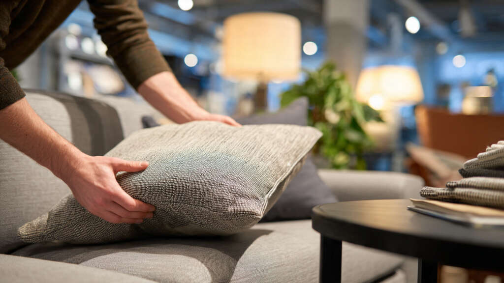 Checking furniture quality before purchase — inspecting sofa frame and cushion construction