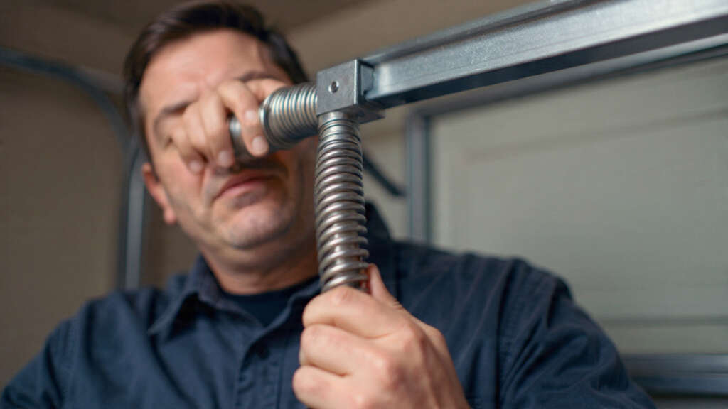 Technician installing a new torsion spring on a garage door.