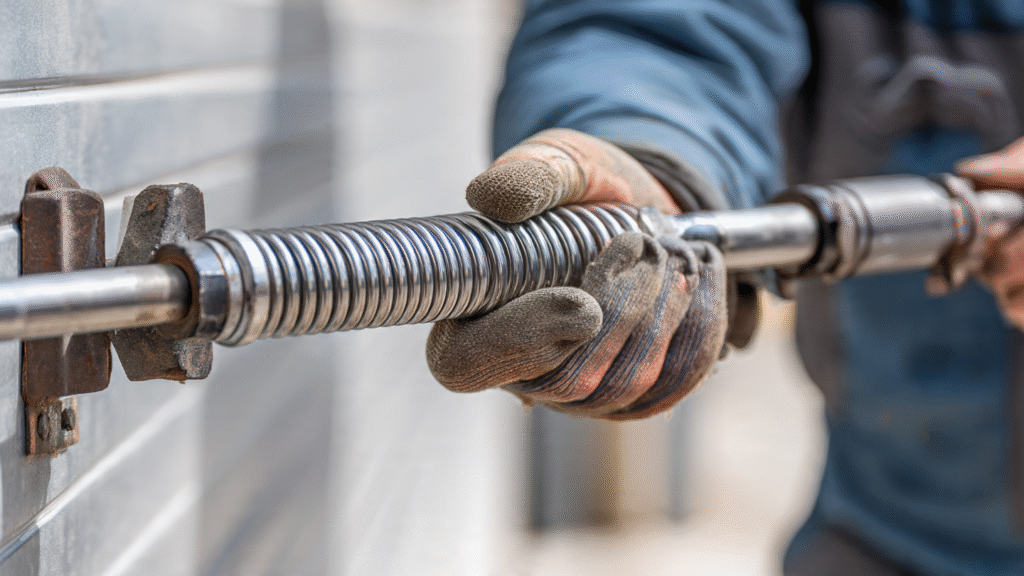Technician carefully releasing tension from a torsion garage door spring.