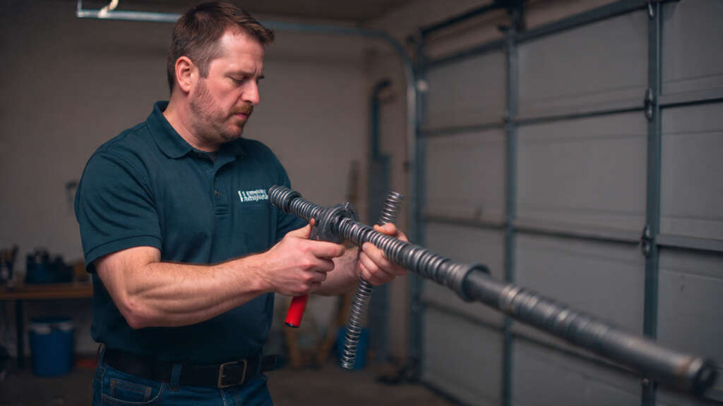 Technician removing an old garage door torsion spring.