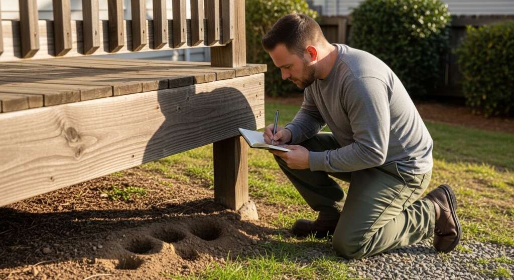 Wildlife control professional inspecting chipmunk burrows under residential deck