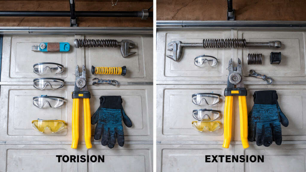 Comparison of torsion and extension garage door springs side by side.