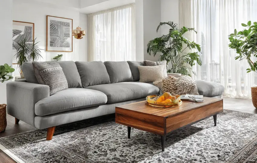 Modern living room with Value City Furniture sofa and coffee table in 2025 home décor style.