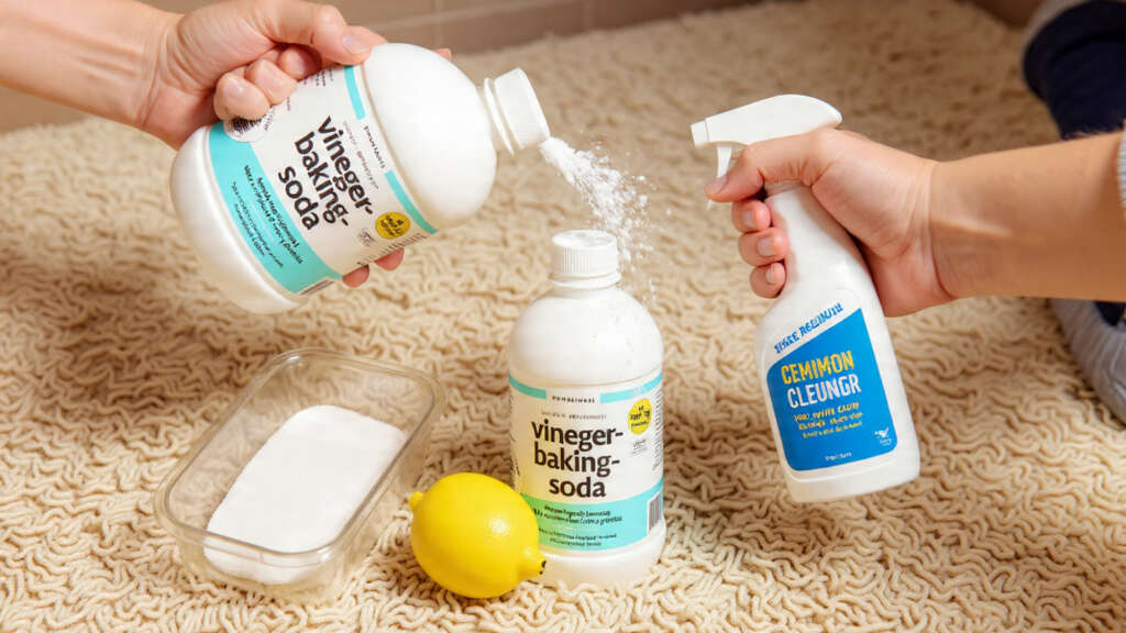 Person mixing vinegar and baking soda in a spray bottle for homemade carpet cleaner.