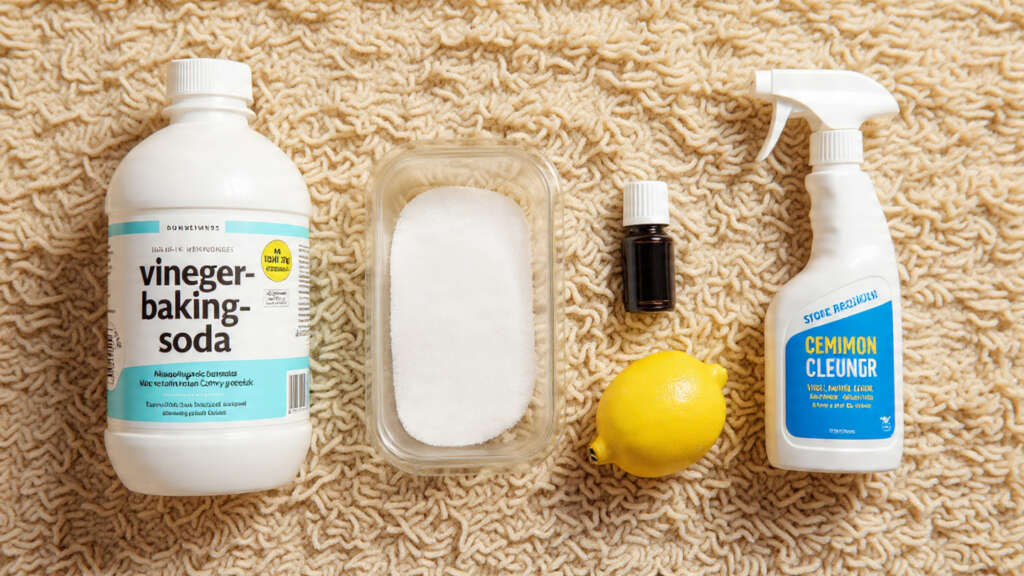 Top-down view of vinegar, baking soda, lemon, essential oil, and spray bottle for carpet cleaning.
