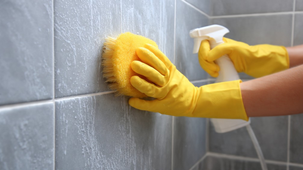 Cleaning black mold from shower grout lines using a grout brush and natural cleaning solution