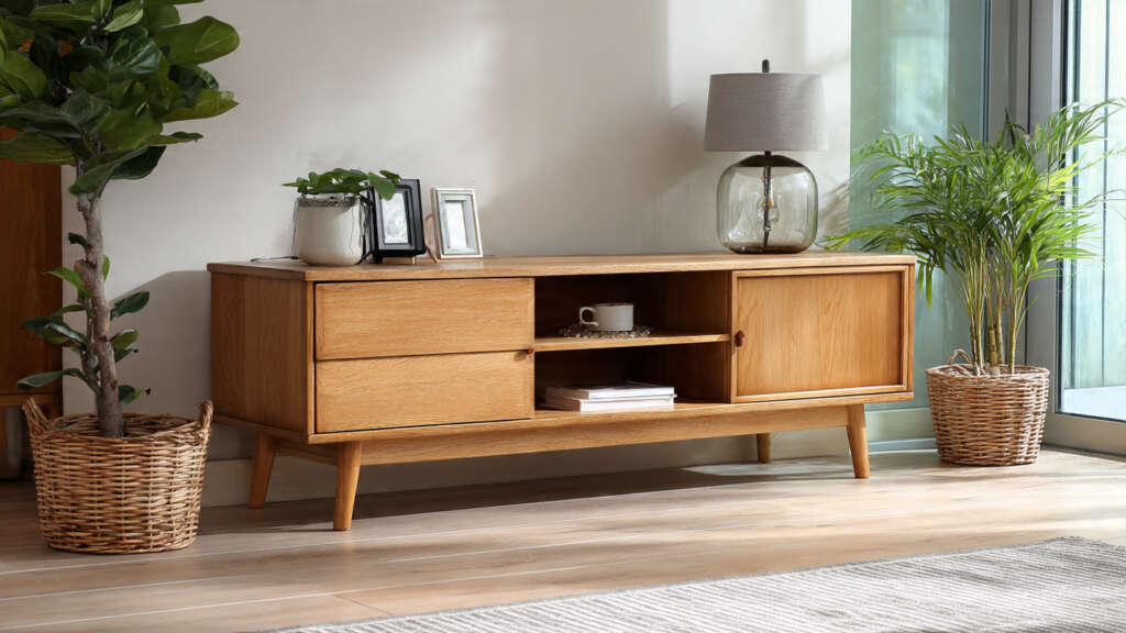Affordable mid-century modern TV stand with minimalist design and wooden finish in a cozy living room.