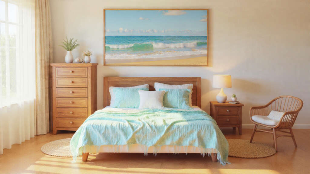 Beach-inspired bedroom with light wood furniture, coastal bedding, and soft neutral tones.