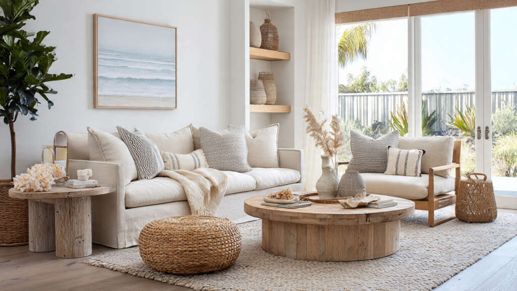 Light and airy beach-inspired living room with soft beige furniture and coastal accents.