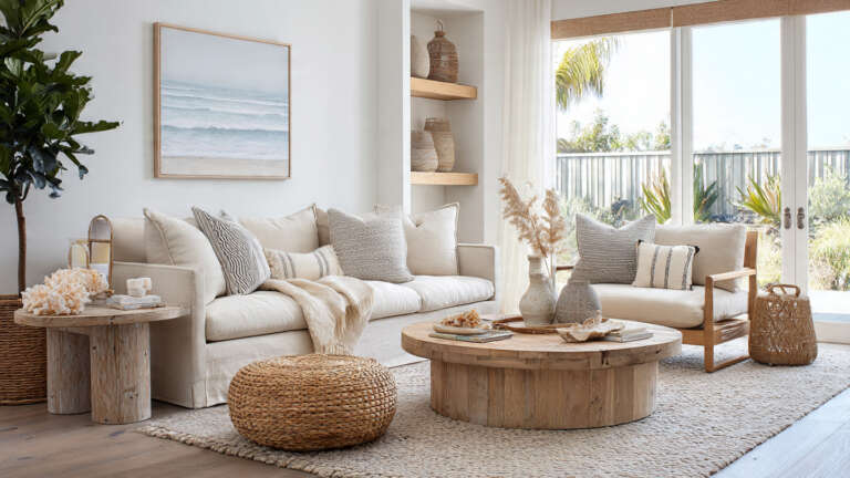 Light and airy coastal living room with soft linen sofa, jute rug, whitewashed wood furniture and warm natural light — beachy decor done with restraint