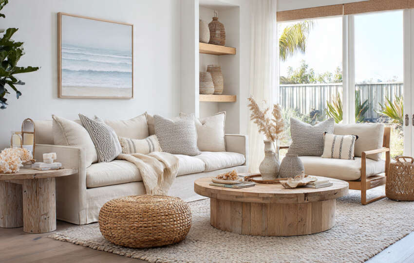 Light and airy beach-inspired living room with soft beige furniture and coastal accents.