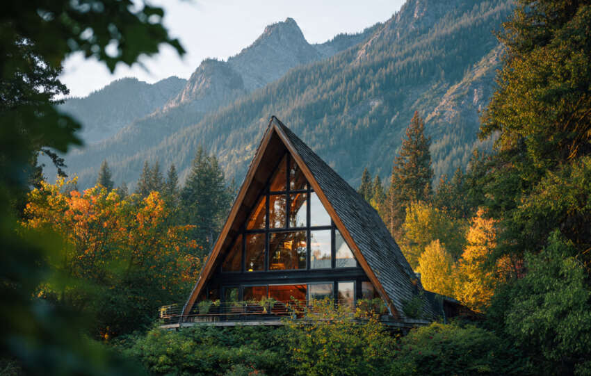 Stunning a frame house surrounded by nature with steep roof and large windows.