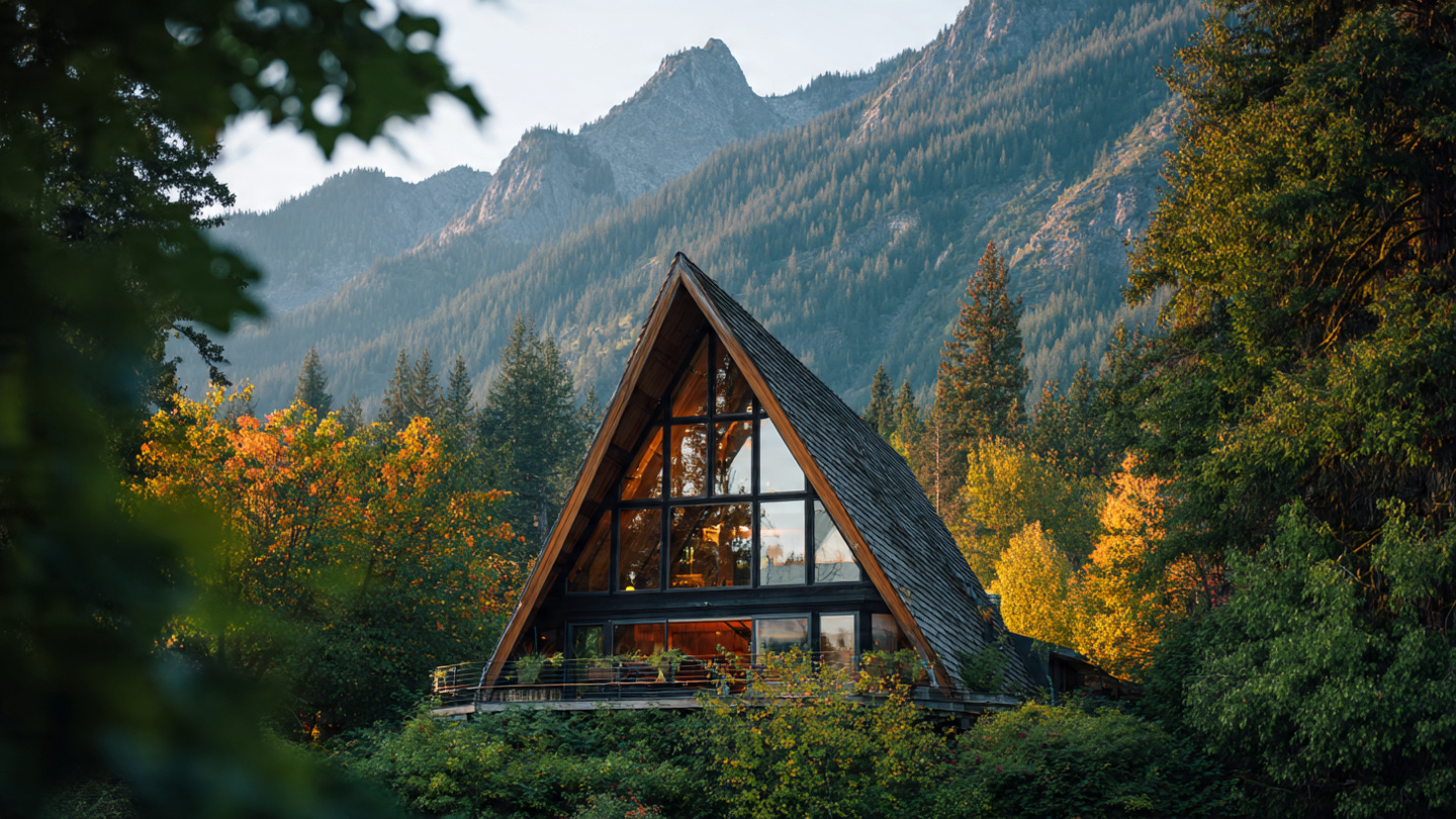 Stunning a frame house surrounded by nature with steep roof and large windows.