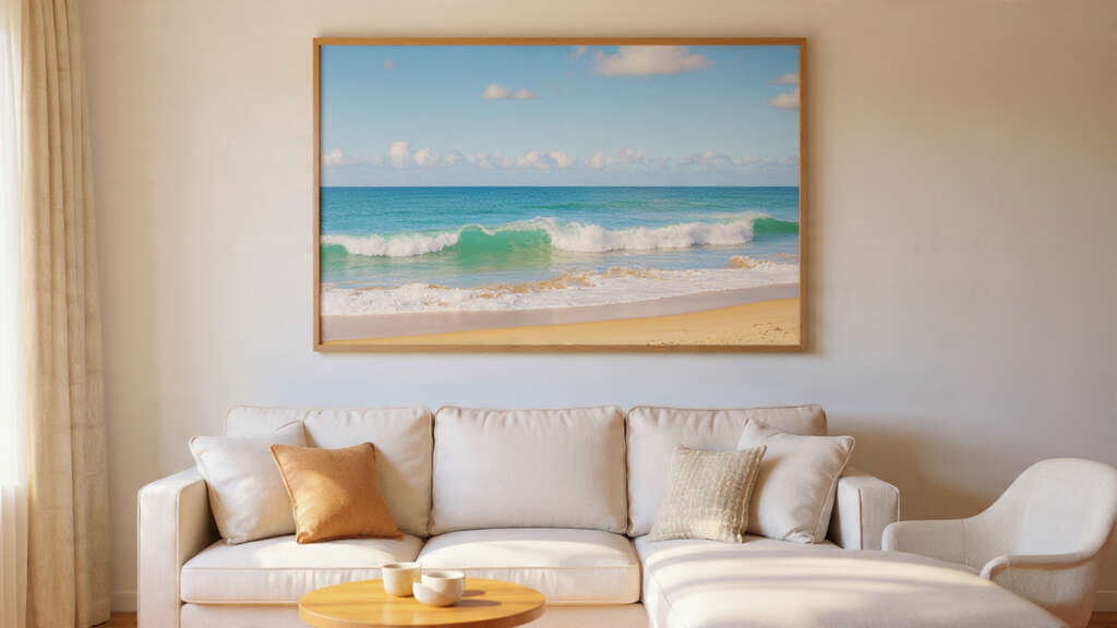 Coastal-inspired artwork featuring ocean scenes hanging above a beige sofa in a bright living room.