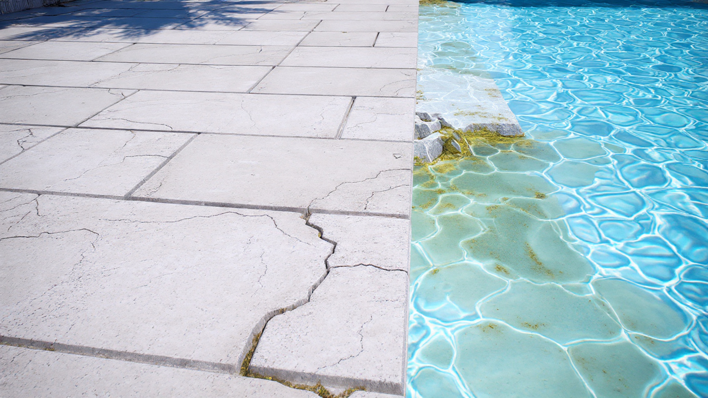 Cracked pool plaster with algae along waterline showing common pool problems