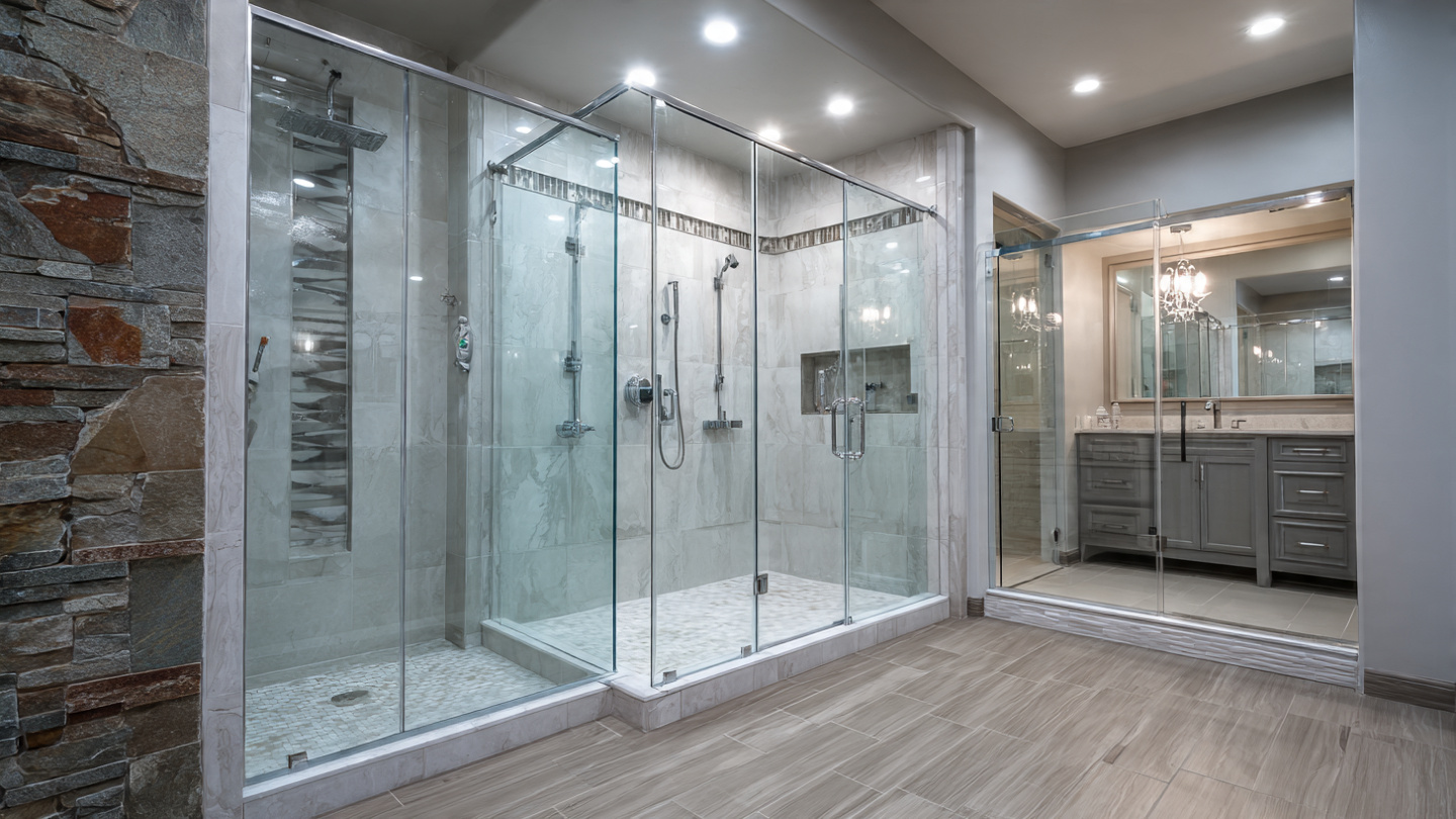 Various shower door styles (frameless, framed, acrylic, and stone) in a modern, stylish bathroom, showcasing design options.