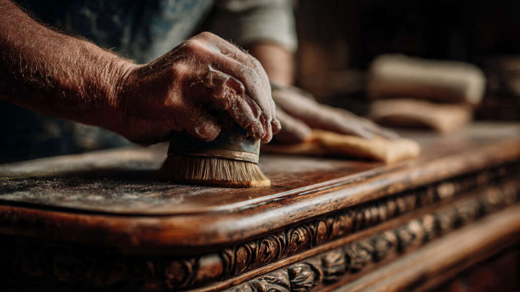 Homeowner sanding a wooden furniture piece in a DIY class