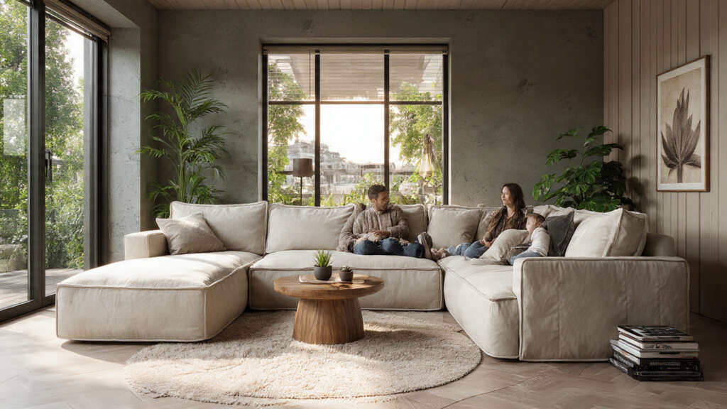 Spacious family room with a large U-shaped sectional sofa.