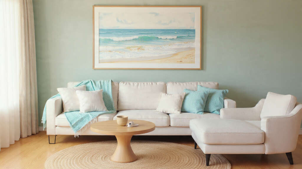 Jute rug adding texture and warmth to a beach-inspired living room with neutral tones.